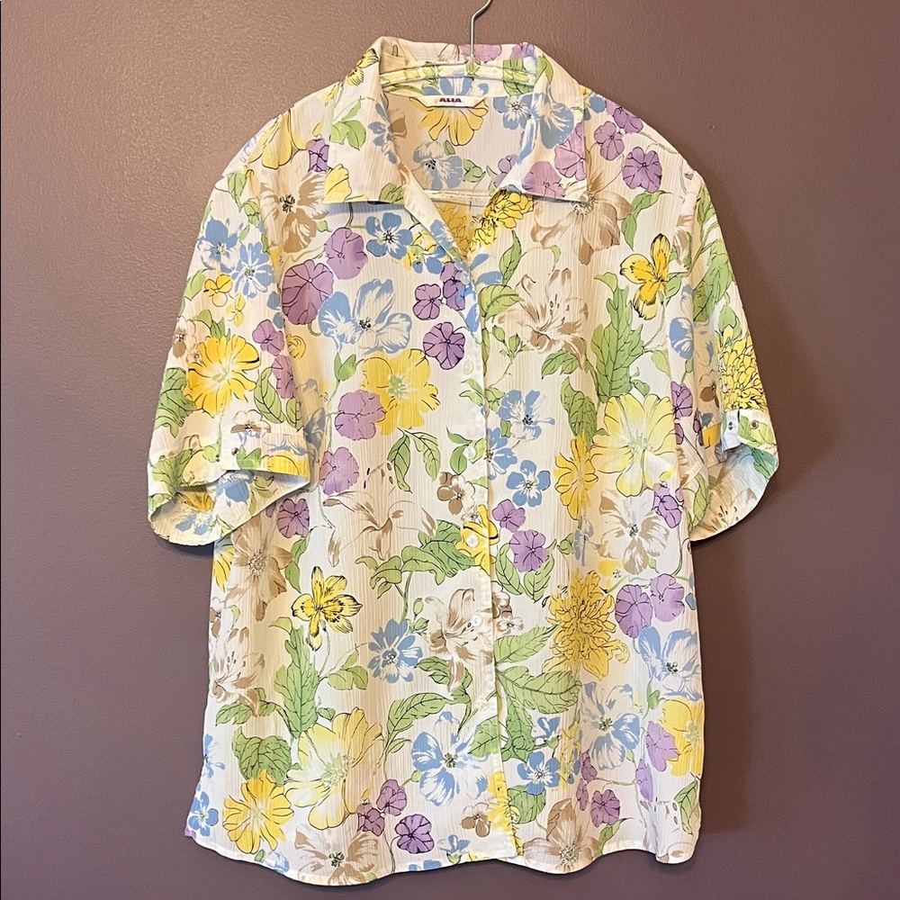 Vintage Alia Colorful Floral retro Womens Large Short Sleeved Blouse